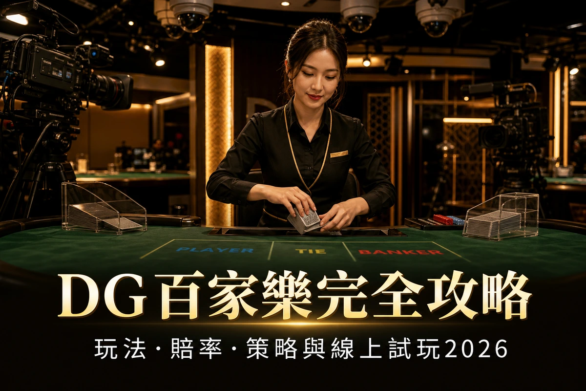 DG 真人百家樂攻略封面，荷官於直播攝影棚現場處理牌靴
