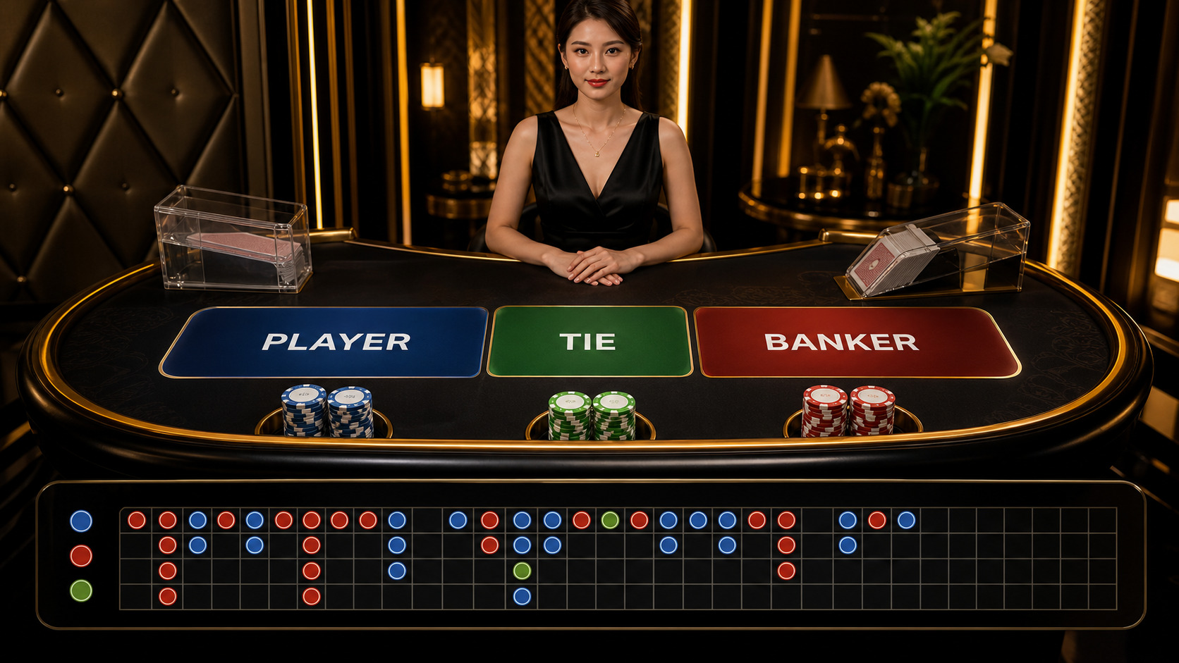 DG真人百家樂遊戲桌台介面,顯示莊閒和下注區與即時路單