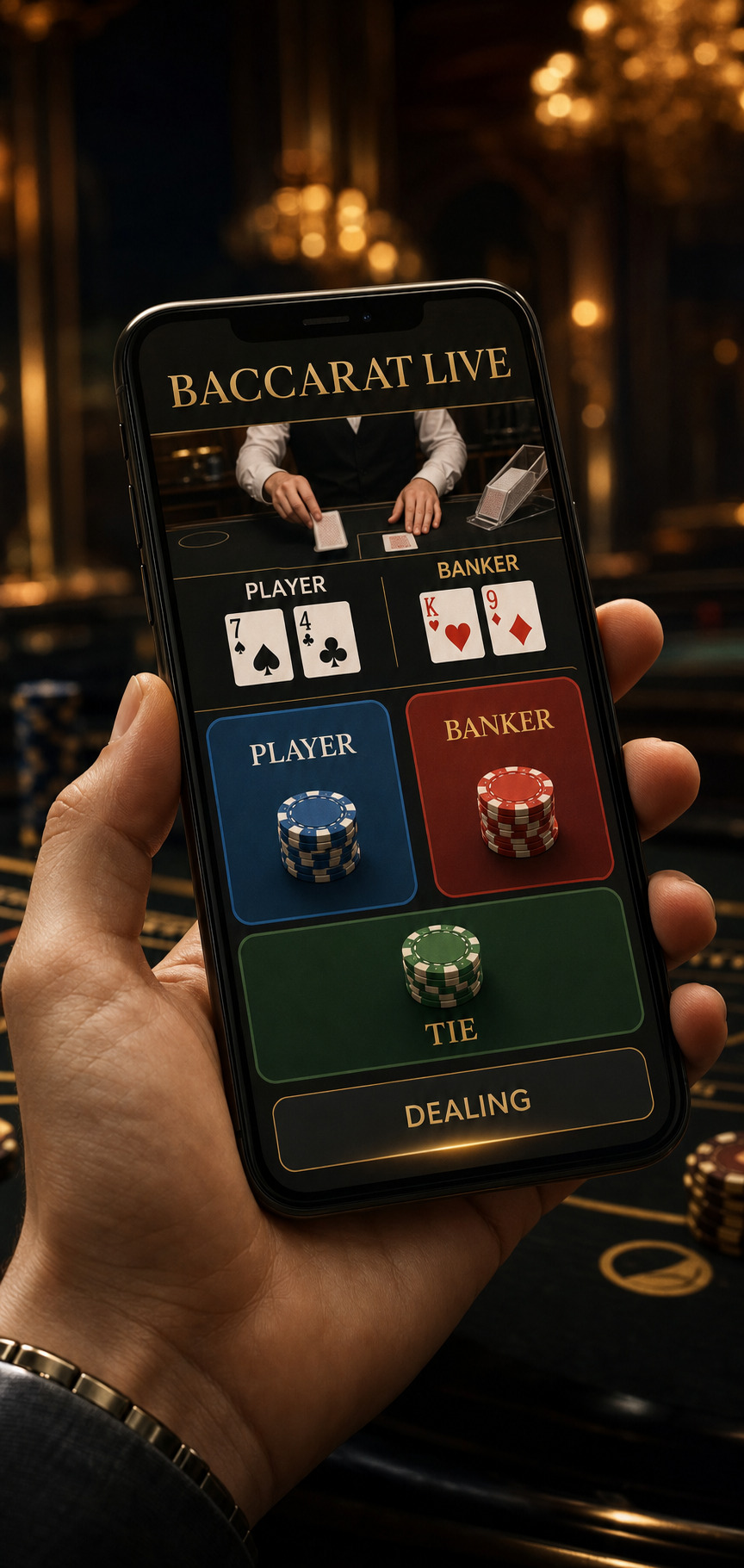 DG真人百家樂試玩畫面,玩家於下注區選擇莊閒和並觀察發牌流程