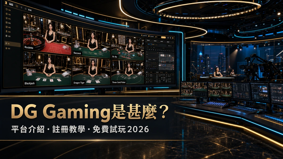 DG Gaming 夢幻娛樂城平台介紹封面，直播控制室多屏幕顯示各個真人桌台