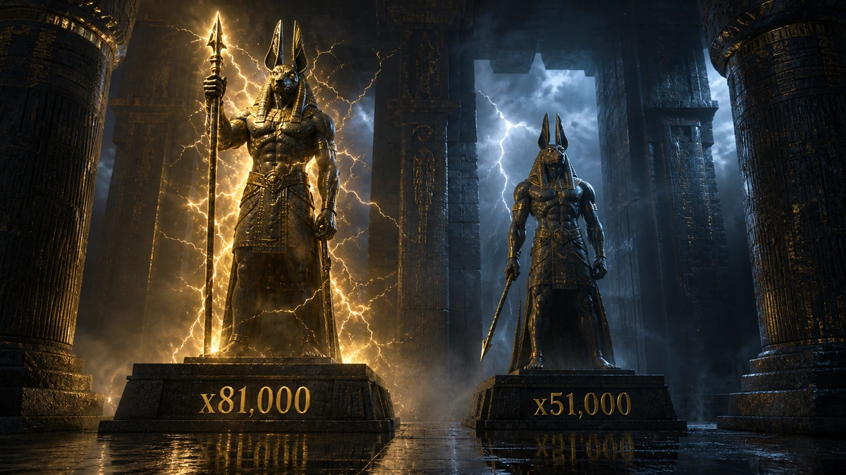兩座高低不同的埃及戰神雕像並列，基座分別刻著 x81,000 與 x51,000，象徵戰神賽特2 與原版的最高倍數差距（示意圖，非遊戲畫面）