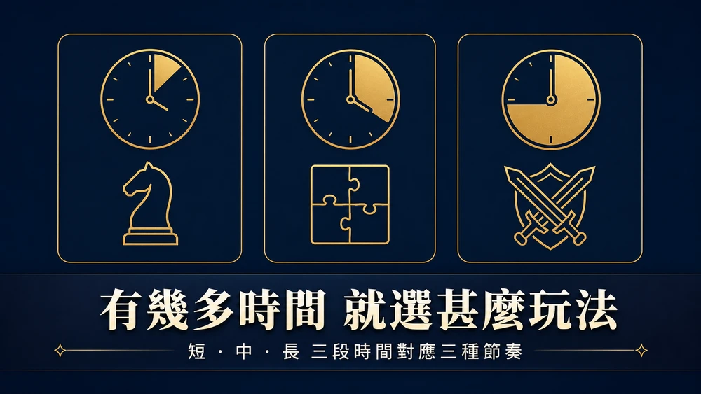 深藍底金色線稿的資訊圖：三張並列卡片各有一個時鐘圖示，扇形填色由左至右逐張加大代表短、中、長三段時間，時鐘下方分別是棋子、拼圖與交叉劍盾三個抽象遊戲圖示；下方以繁體中文烤印「有幾多時間 就選甚麼玩法」與副標「短 ‧ 中 ‧ 長 三段時間對應三種節奏」（示意圖）